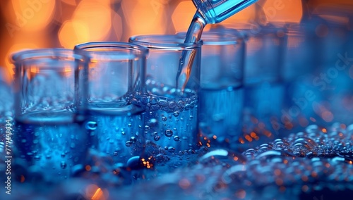 The person is gracefully pouring azure fluid into a blue shot glass, creating an artful display of barware as they prepare a delicious alcoholic beverage