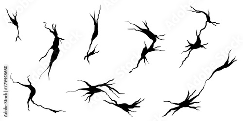 Hand drawn cracked wall, ground, glass, egg. doodle break set. vector illustration