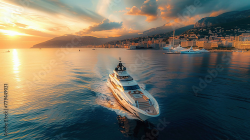yacht making its grand entrance into Monaco, surrounded by sparkling waters, under the bright morning sun
