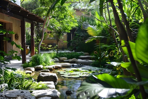 Serene Japanese Garden Pathway  Tranquil Nature Scene with Stepping Stones