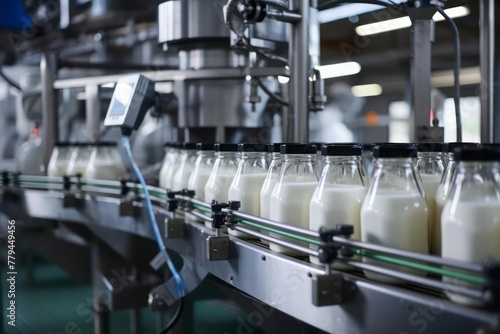 Milk factory production line. Robotic factory line for processing and bottling of milk.