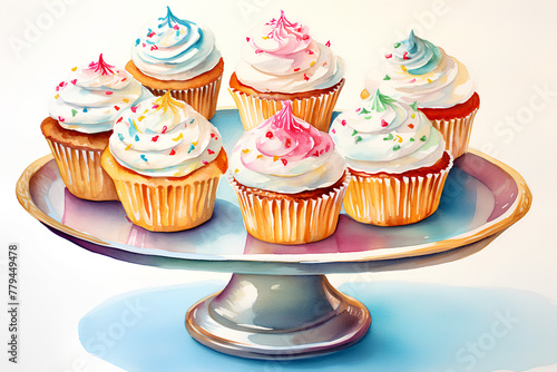 Watercolor Painting of Colorful Cupcakes on Ceramic Stand, Festive and Bright