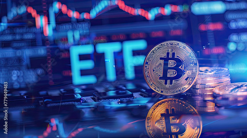 Crypto and bitcoin exchange traded fund or spot price ETF funds application gets approved and listed for institutions investment on stock exchanges concept as wide banner design