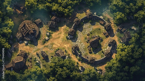 RPG battle map. Fantasy rustic battlefield illustration, cartography medieval town or country location. Hobby roleplaying. AI generated