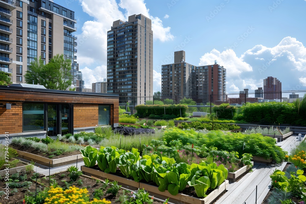 Fototapeta premium Urban Green Architecture: Lush Rooftop Garden and Eco-Friendly Building Design