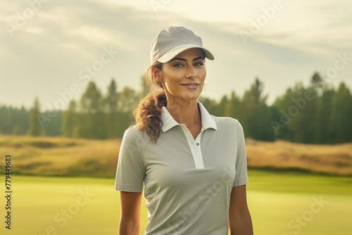 Beautiful professional female golfer with a golf club in sportswear at a golf tournament on a beautiful green field photo
