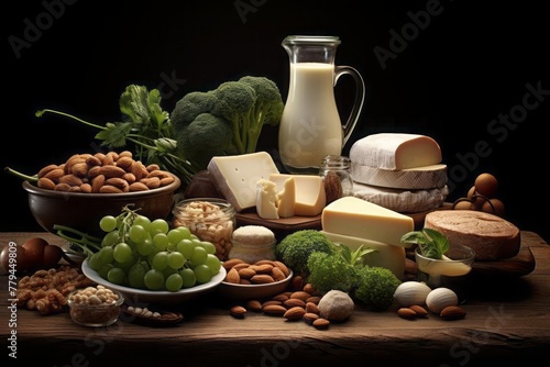 A healthy diet consisting of a variety of foods, including dairy products, green vegetables, fish and nuts. The importance of a balanced diet for strong bones and healthy joints.