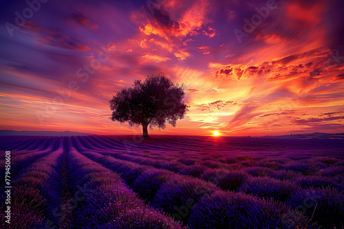 The sun sets in a dramatic sky over rolling lavender fields, with a solitary tree standing as a poignant symbol of natural beauty and tranquility.