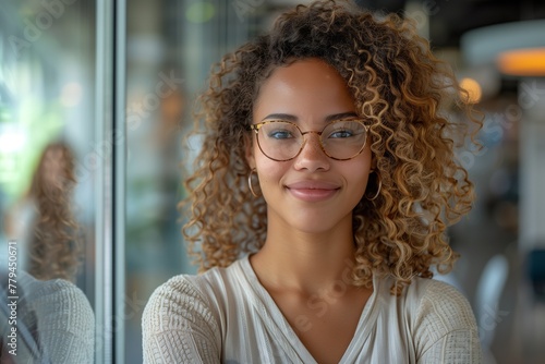 A happy woman with long curly hair, wearing glasses and fashion design eyewear, is smiling for the camera at a fun event. Her ringlet eyebrow and vision care are on point photo