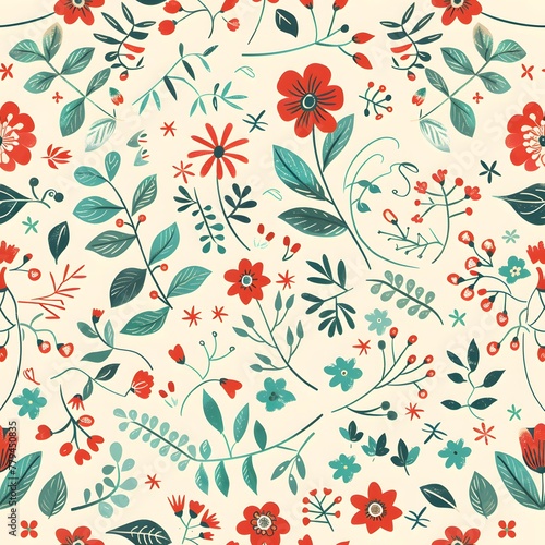 Cute Floral Pattern  turquoise and red  retro design  seamless pattern on cream background