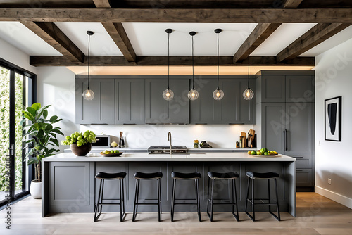 Kitchen with plain gray wooden cabinets and minimalist style with beams and decorative lamps