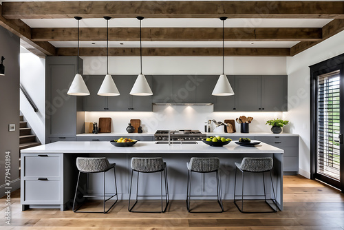 Kitchen with plain gray wooden cabinets and minimalist style with beams and decorative lamps. Modern kitchen interior