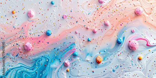 Pastel-colored marble mural with delicate colorful confetti sprinkle over a white background.