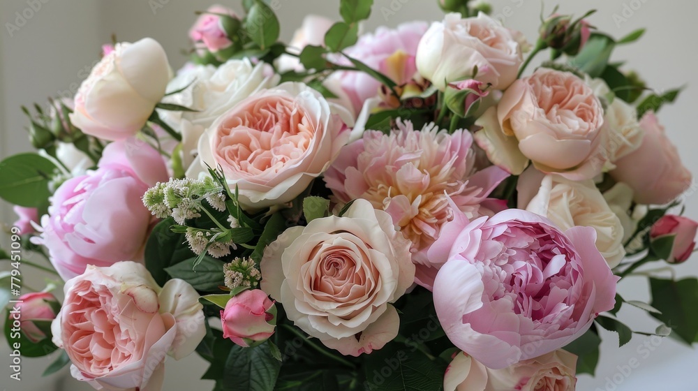 A delicate and ethereal display of peonies and roses perfect for any special occasion  AI generated illustration