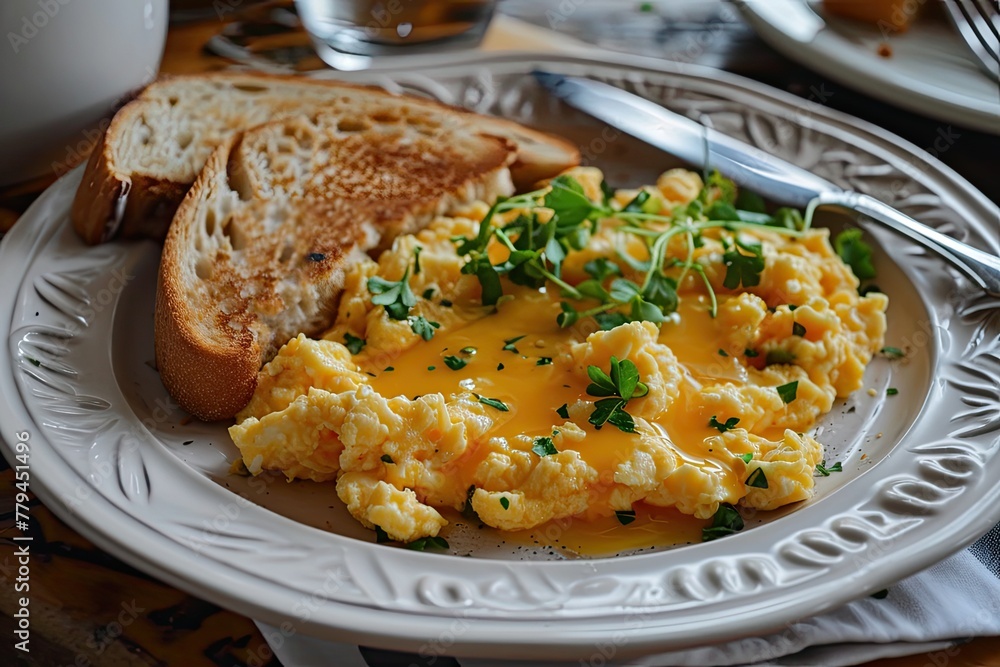Plate of scrambled organic eggs served with bread toasted on a griddle pan Plate of scrambled organic eggs served with bread toasted on a griddle pan