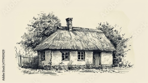 A detailed sketch of a rustic farmhouse with a thatched roof  AI generated illustration