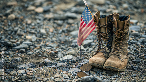 old boots with small usa flag and name tag dog a memorial day military veterans and patriotism