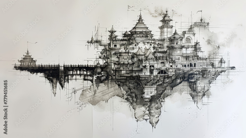 A dream-like sketch of a floating palace  AI generated illustration