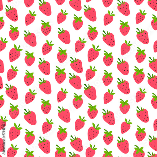 Vector seamless pattern with strawberries. Doodle, flat, hand drawn texture for wallpaper, textile, paper.