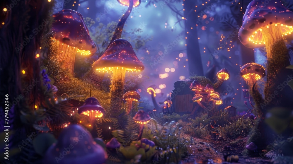 A fantastical forest filled with magical creatures and glowing mushrooms  AI generated illustration