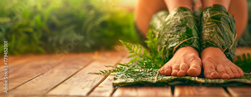 image captures bare feet resting gently on a wooden surface, surrounded lush green foliage, nature practice meditation yoga. It conveys tranquility sense of returning one's roots. Banner. Copy space photo
