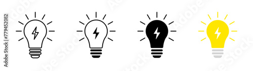 Light bulb vector icon set. Electric lamp charge symbol. Electric energy power simple illustration. Bright yellow zipper illumination isolated sign. Line, solid and filled outline colorful version.