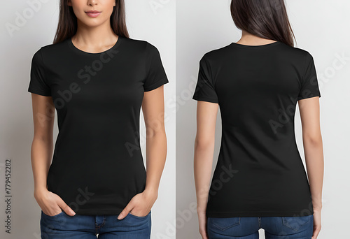 Woman in black t-shirt, plain blank tshirt mockup, black tee, front and back view