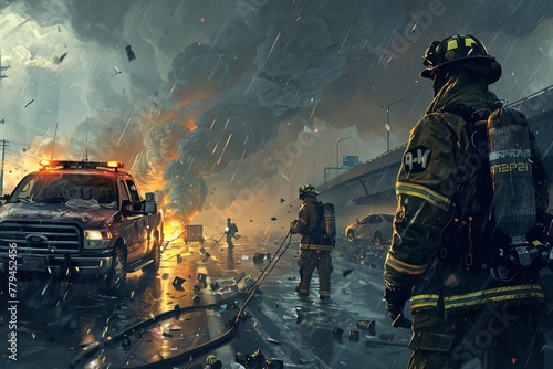 Group of fire fighters in full gear standing next to a red fire truck, ready to respond to an emergency situation. Generative AI