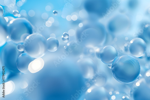 A tranquil display of transparent blue bubbles floating effortlessly  illuminated by a soft  diffuse light on a pale blue background.