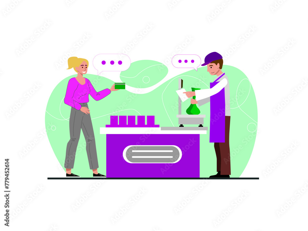 A salesman in overalls weighs goods on scales to a buyer in a store. A salesman in overalls weighs goods on scales to a buyer in a store.