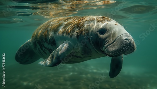 A carnivorous organism with a seallike body, whiskers, and a snout, the manatee is a marine biology marvel swimming fluidly underwater in the ocean © RichWolf
