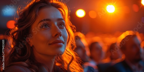 Ambers enjoying the fun event on a warm night, surrounded by the darkness of the crowd. Flash photography lights up the orange scene, making her happy
