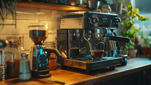 Coffee machine in kitchen home background photo