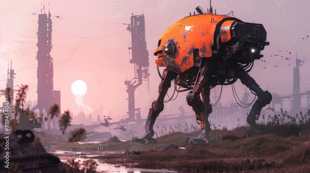 Fototapeta premium A futuristic robot exploring a post-apocalyptic wasteland AI generated illustration
