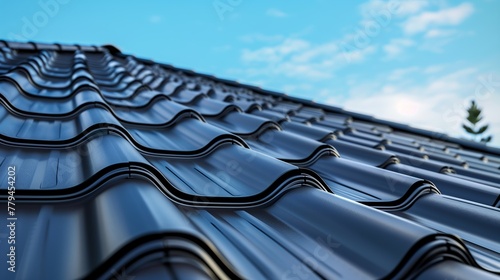 Close up black roof tiles with blue sky