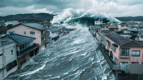 Huge tsunami water big waves on street with houses background