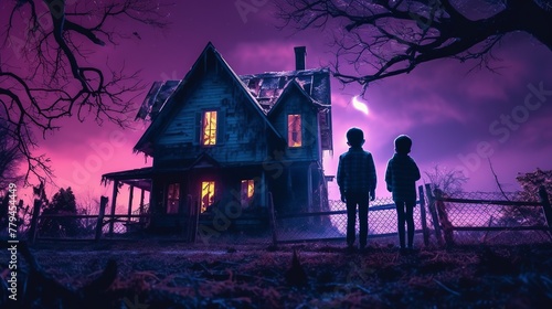 kids standing in front of a haunted house. Halloween theme.