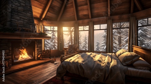 Interior of a cozy attic bedroom with a large window overlooking the lake © danang