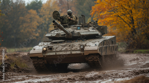tank driving through forest