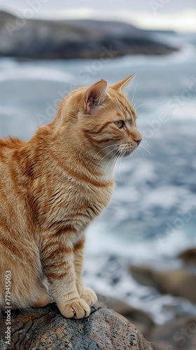 A highly detailed k image of a charming man cat in a relaxed outdoor pose with ocean waves in the background  AI generated illustration © Olive Studio