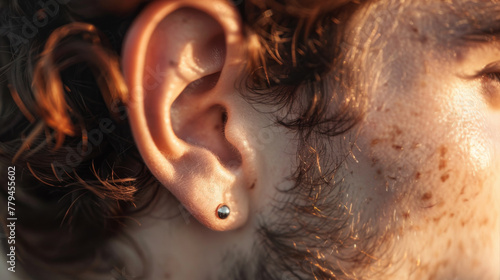 Man ear with men ear piercing close-up view