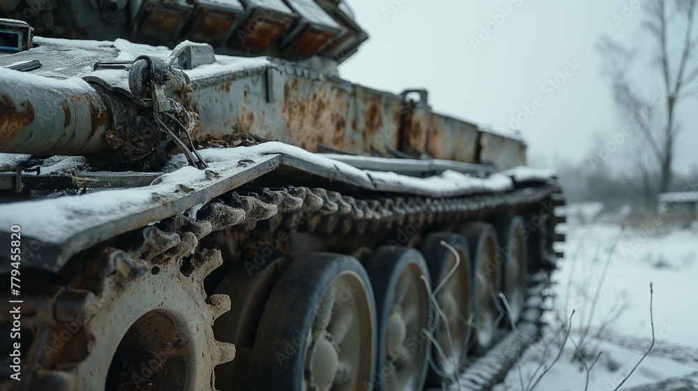 tank wreck on frozen winter battlefield
