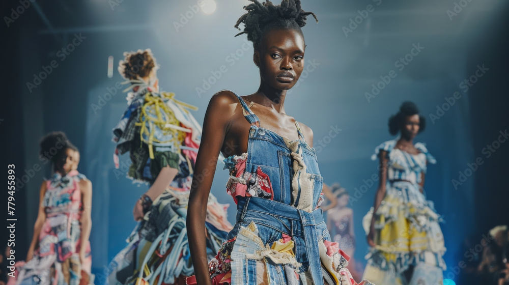 Fashion runway featuring models showcasing upcycled garments created from repurposed materials such as discarded denim, vintage fabrics, and reclaimed textiles, creativity and innovation of upcycling