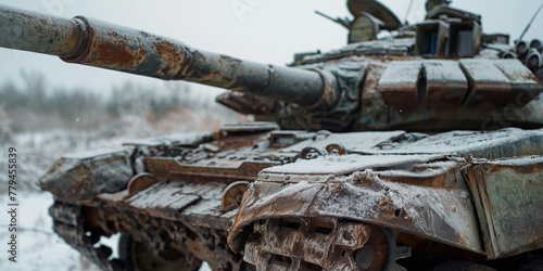 tank wreck on frozen winter battlefield