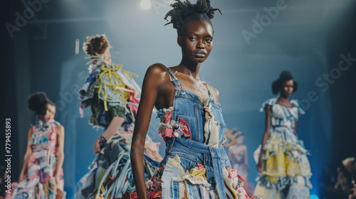 Fashion runway featuring models showcasing upcycled garments created from repurposed materials such as discarded denim, vintage fabrics, and reclaimed textiles, creativity and innovation of upcycling