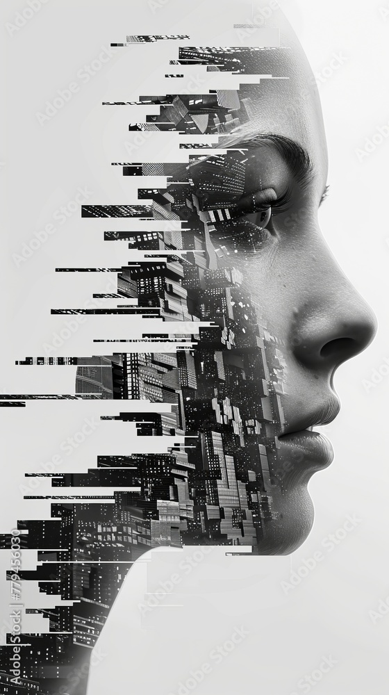 A human face with subtle hints of building structures AI generated illustration A human face with subtle hints of building structures AI generated illustration