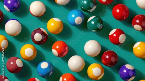 Realistic billiard balls apart from each other photo pattern, flat color background, isometric, view from top