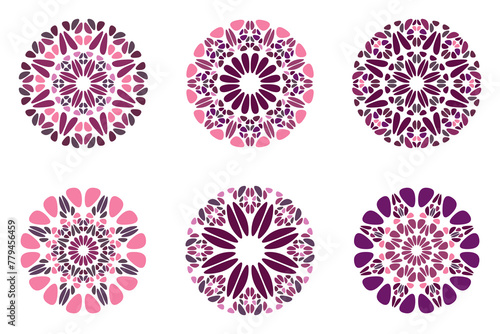 Ornate petal mandala logo set - round geometrical abstract circular vector graphics from geometric shapes