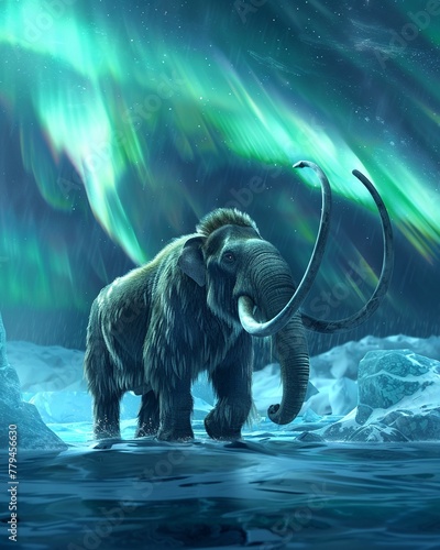 Woolly mammoth traversing hidden passages under the aurora-filled sky.Minimalist art vector