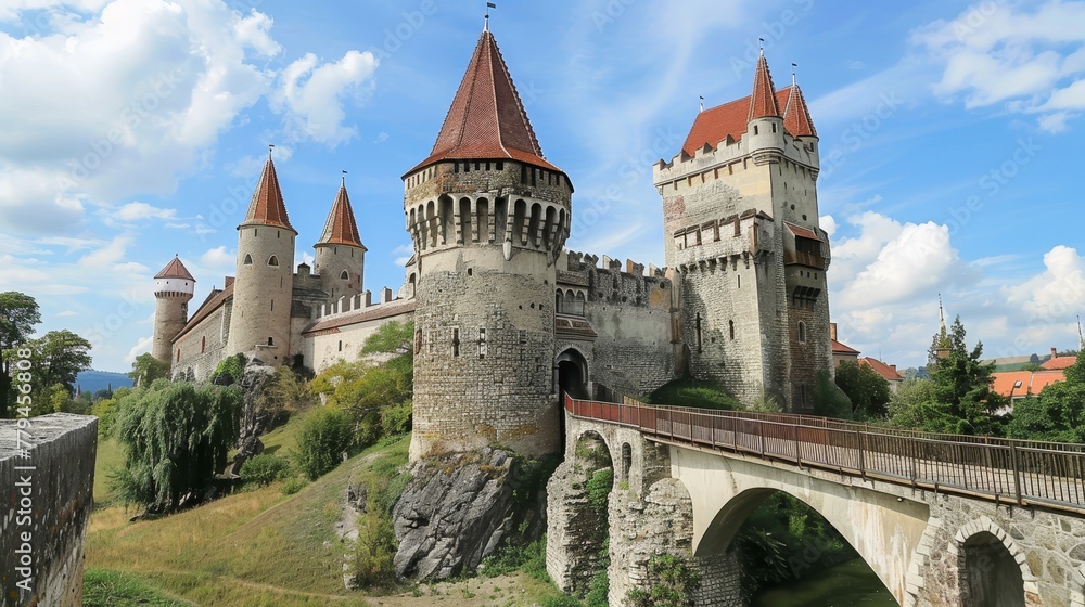 A medieval castle with a drawbridge and turrets  AI generated illustration
